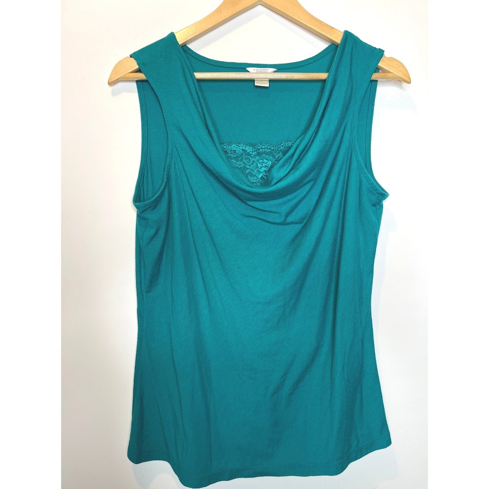 Y2K Lace Draped Cowl Neck Sleeveless‎ Shirt Teal Blue Christopher and Banks